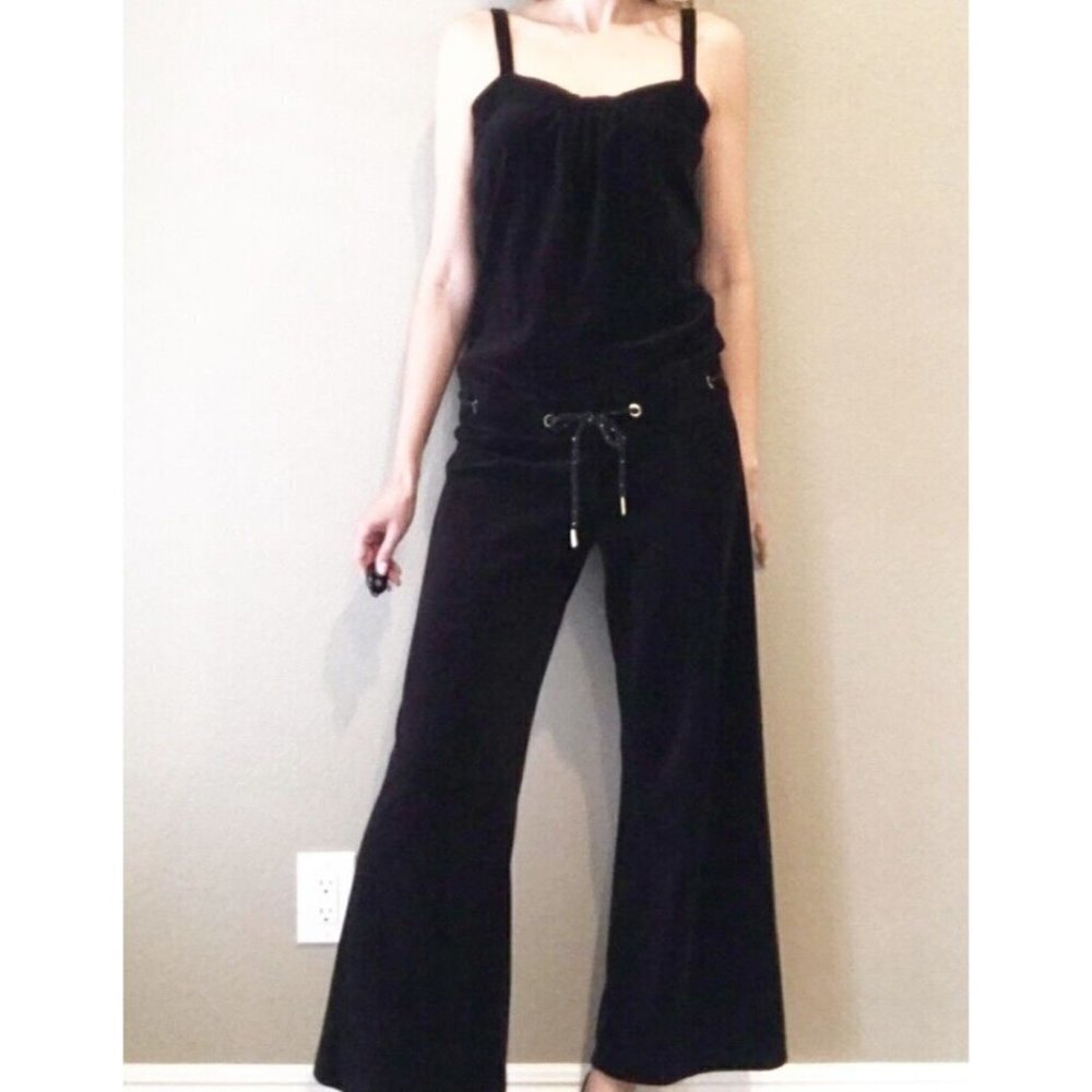 Juicy Couture Sz M Black Velour Velvet Drawstring Wide Leg Jumpsuit Pant Romper